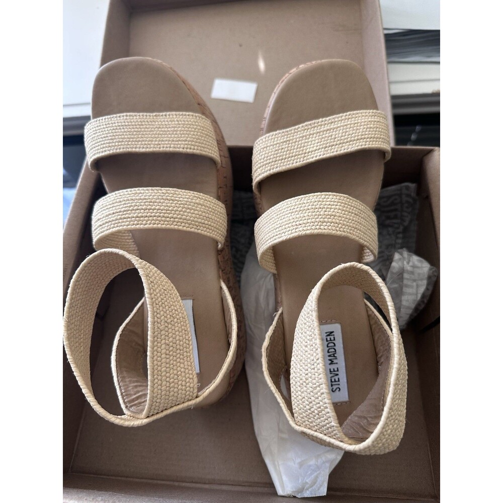 Steve Madden Women's Sashes Raffia Strappy Platform Sandals Wedges Shoes Beige 8 - Picture 4 of 7